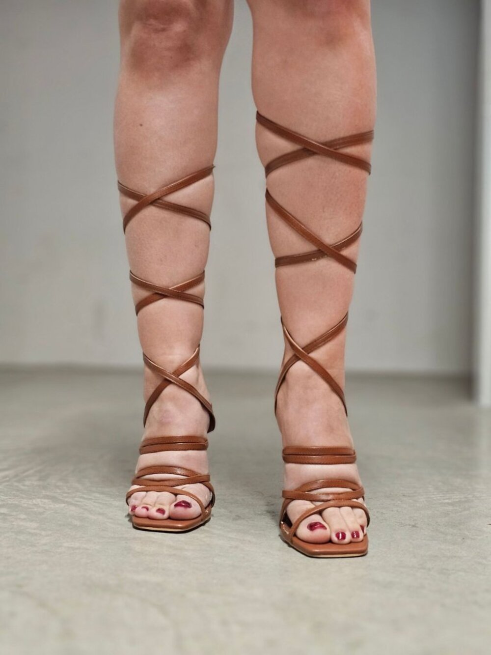 Strappy Brown Gladiator Heels With Lace-Up Design & Square Toe High Heel Sandals - Picture 11 of 16